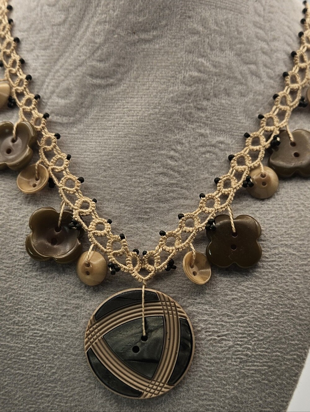 Tatted Lace Button Necklace 14K GF Gold Filled Clasp Art Deco  Boho